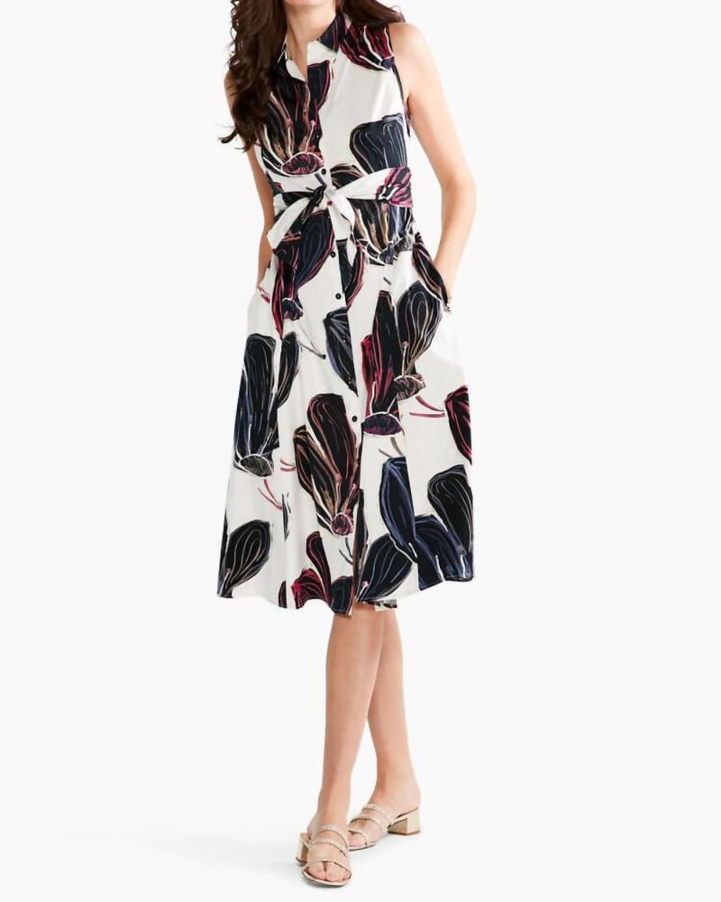 Front of a model wearing a size L Stamped Flowers Shirt Dress In Black Multi in Black Multi by Nic + Zoe. | dia_product_style_image_id:342243